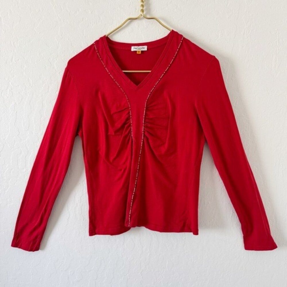 Guy Laroche Red V-Neck Ruched Stretch Viscose Long Sleeve Top Small